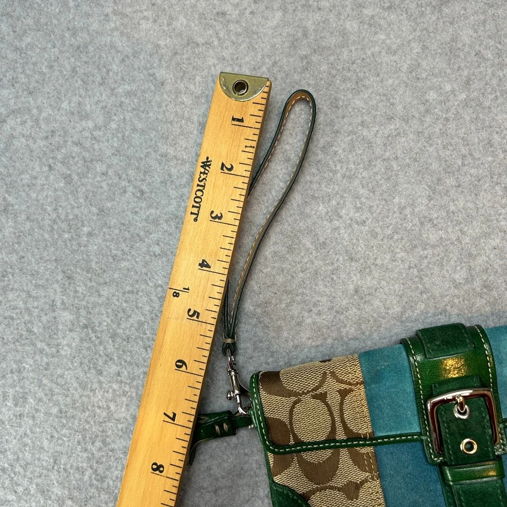 Coach Y2K Signature Patchwork Wristlet Green Teal Suede Canvas Buckle Wallet Bag